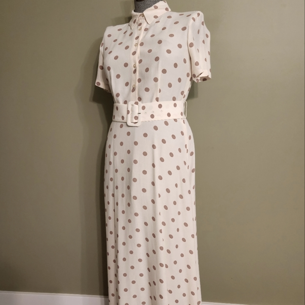 ZARA BROWN POLKA DOT W/ BELT LONG DRESS. SIZE: SMALL